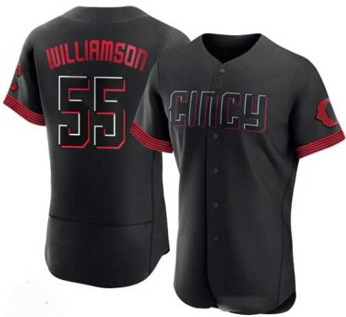 Mens Cincinnati Reds #55 Brandon Williamson Black 2023 City Connect Cool Base Stitched Jersey Dzhi